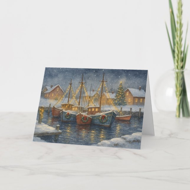Remerciements Bateaux de pêche en port Carte de Noël (Devant)