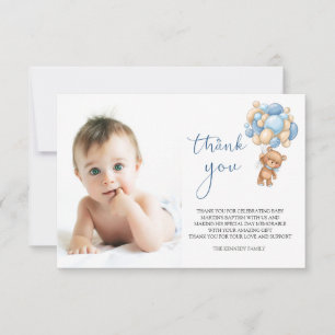 Remerciements Bear Blue Balloons Baby Photo Carte de remerciemen