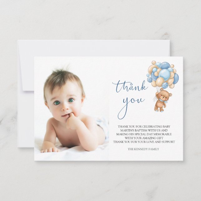 Remerciements Bear Blue Balloons Baby Photo Carte de remerciemen (Devant)