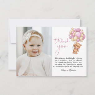 Remerciements Bear Pink Balloons Baby Photo Carte de remerciemen