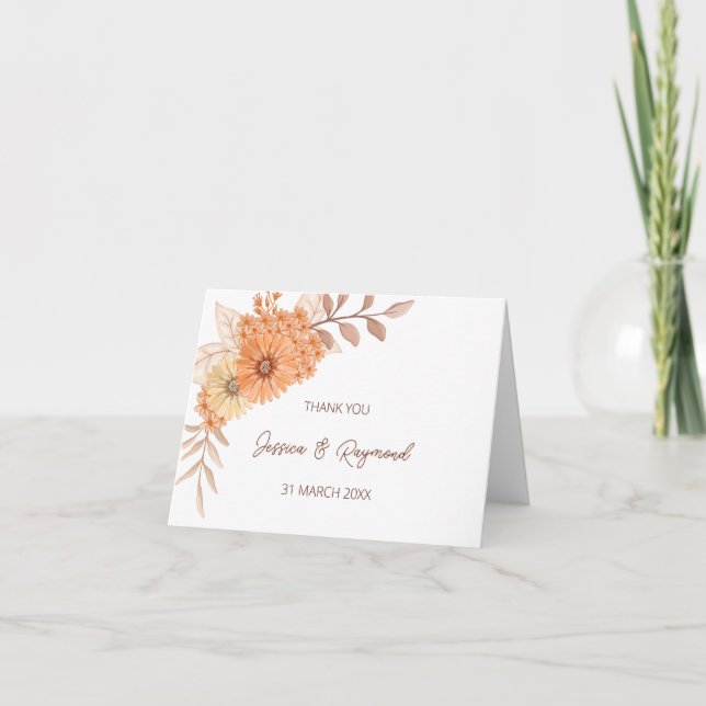 Remerciements Boho Chic Orange Floral Mariage Carte de remerciem (Devant)