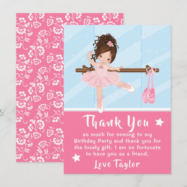 Remerciements Brown cheveux Ballerina rose Anniversaire Carte de (Devant / Derrière)