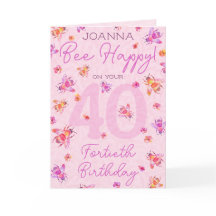 Carte d'anniversaire de l'abeille rose Vintage 40e