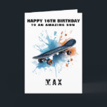 Remerciements Carte d'anniversaire de skateboard cool pour Ado B<br><div class="desc">Célébrez en style patinage avec cette carte d'anniversaire audacieuse et énergique, avec un design de skateboard à effet splash. Parfait pour les garçons ados qui aiment les sports de rue, le patinage ou le cool, de style urbain. Customisez avec n'importe quel nom et âge pour en faire le leur unique....</div>