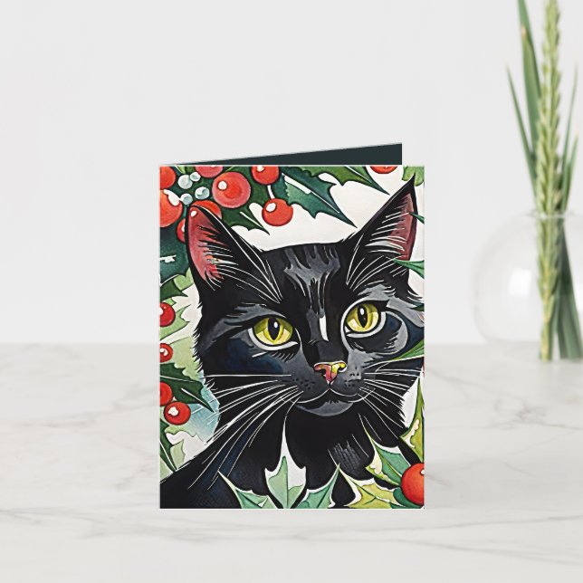 Remerciements Carte d'aquarelle de Noël Meowy pour chat noir (Devant)