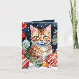 Remerciements Carte d'aquarelle de Noël Orange Tabby Cat Meowy