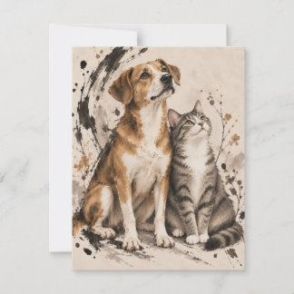 Remerciements Carte d'art au lavis d'encre pour chien et chat de