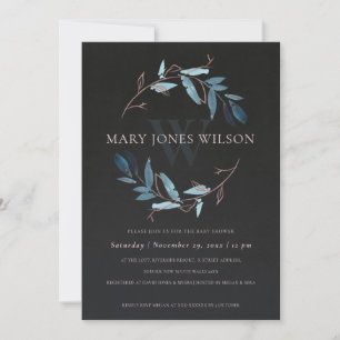 REMERCIEMENTS CARTE DE BABY SHOWER BLEU FOLIAGE ROSE NOIR