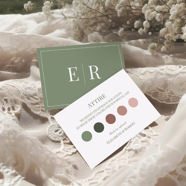 Remerciements Carte de Code Vestimentaire pour les Invités au Ma (Olive Green Wedding Attire Guest Dress Code Card on a boho wedding table.)