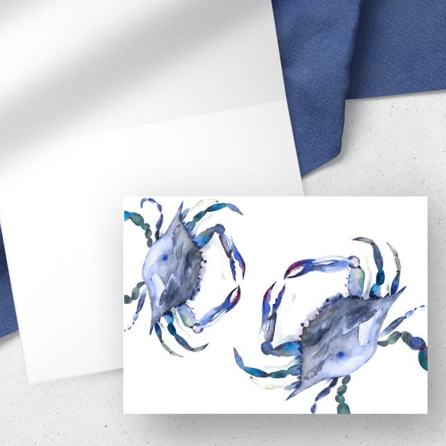 Remerciements Carte de crabe bleu aquarelle blanche à l'intérieu (Watercolor crab folded notecard in shades of blue by Victoria Grigaliunas of Do Tell A Belle)