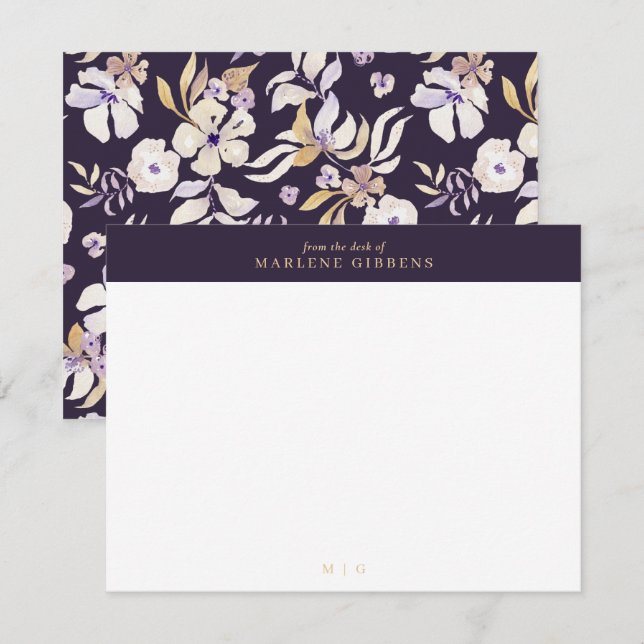Remerciements Carte de monogramme couleur or fleuri violet foncé (Devant / Derrière)
