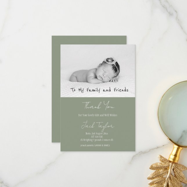 Remerciements Carte de naissance bébé avec écriture manuscrite p (Devant/Arrière en situation)