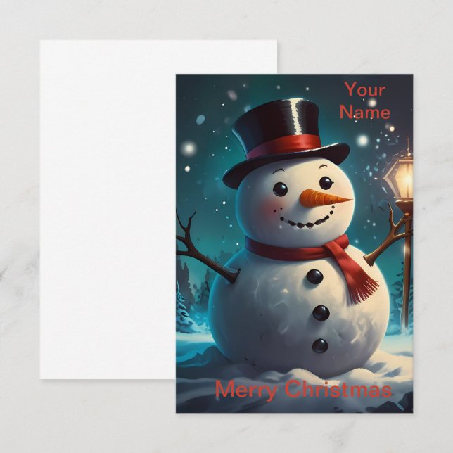 Remerciements Carte de Noël Cheerful Snowman - Carte de fête. (Devant / Derrière)