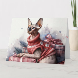 Remerciements Carte de Noël en aquarelle pour chat Sphynx Noël