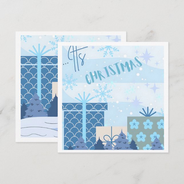 Remerciements Carte de Noël plat cadeaux enneigés (Devant / Derrière)