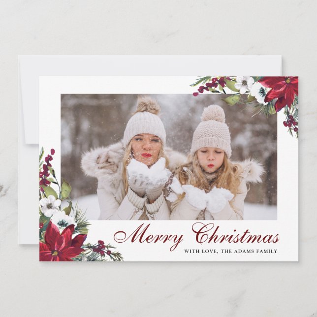 Remerciements Carte de Noël Red Poinsettia Floral PHOTO (Devant)