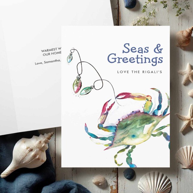 Remerciements Carte de Noël Watercolor Beach Crabe bleu (Beach Christmas cards watercolor blue crab art by Victoria Grigaliunas Do Tell A Belle)
