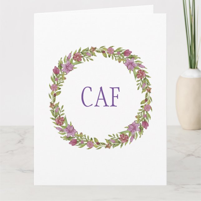 Remerciements Carte de note à couronne de fleurs à monogramme (Devant)
