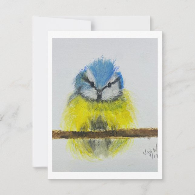 Remerciements Carte de note d'oiseau bleu jaune Art original (Devant)