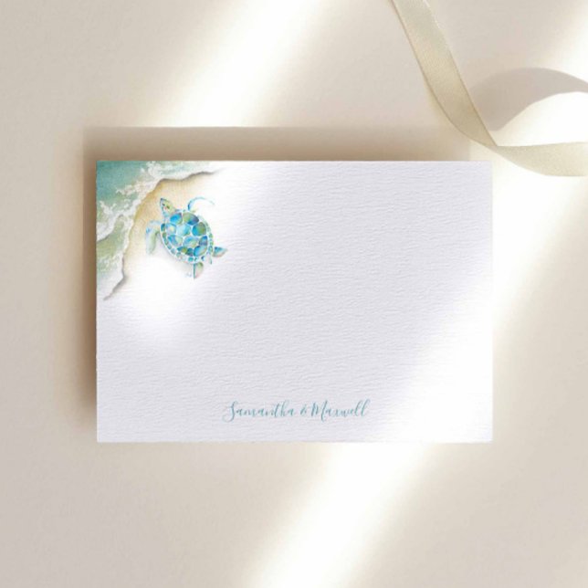 Remerciements Carte de note personnalisée Watercolor Sea Turtle  (Beach stationery note card watercolor sea turtle art by Victoria Grigaliunas of Do Tell A Belle)