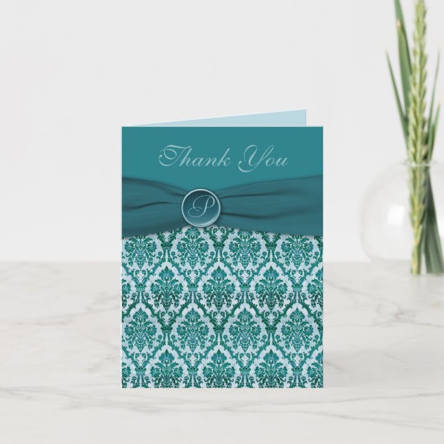 Remerciements Carte de note turquoise Damask Thank you (Devant)
