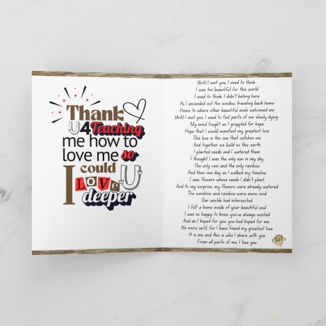 Remerciements Carte de poésie de connexion d'amour de l'âme plié (Intérieur)