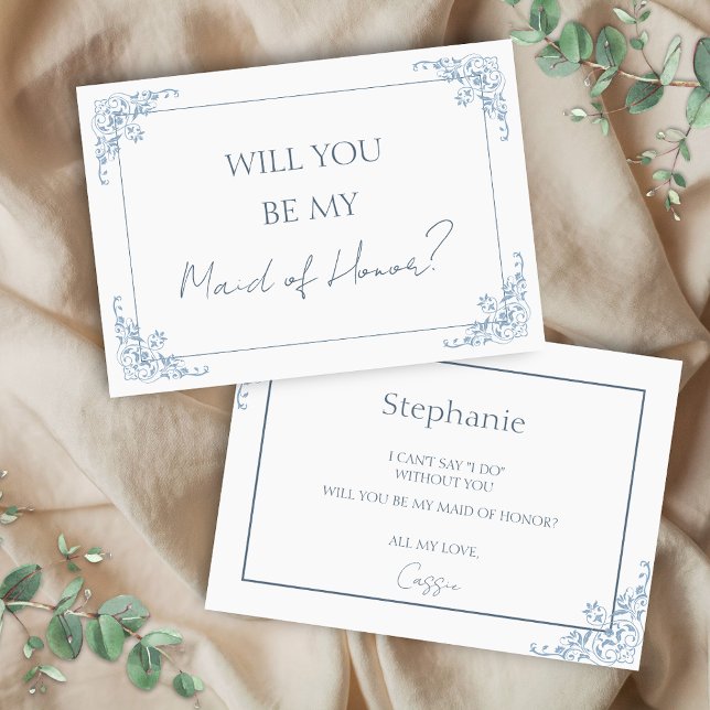 Remerciements Carte de proposition Chic Blue and White Maid of H (elegant blue and white vintage minimalist will you be my maid of honor bridal proposal for matrons)