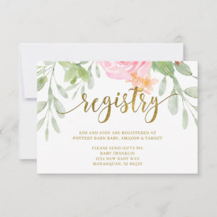 Remerciements Carte de REGISTRE Baby shower rose et or