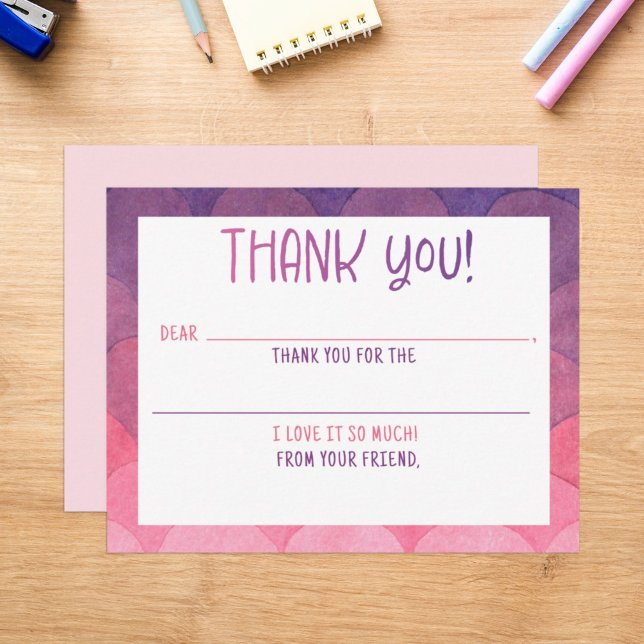 Remerciements Carte de remerciement à remplir Sirène aquarelle (Créateur téléchargé)