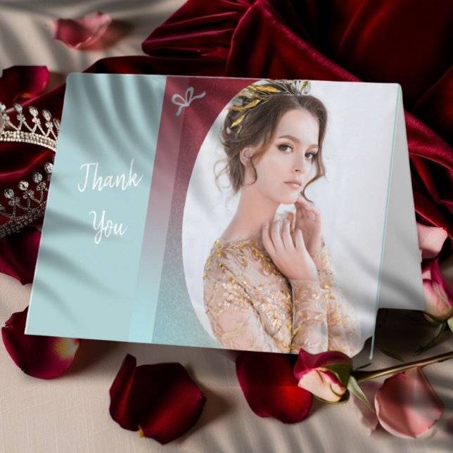 Remerciements Carte de Remerciement Aqua Glitz Ruby Ombré (﻿﻿Ruby and turquoise ombre colors highlight this pageant thank you card with custom photo and text)