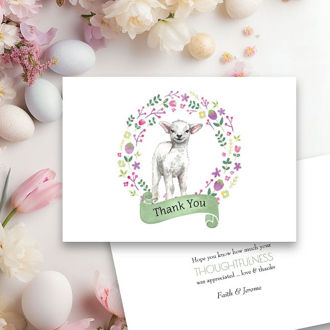 Remerciements Carte de remerciement avec un mignon agneau dans u (Spring or Easter Thank you card from my Little Bunny & Little Lamb Baby Shower collection)