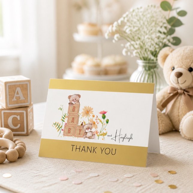 Remerciements Carte de remerciement Bébé Blocs, Ours et Fleurs S (Créateur téléchargé)