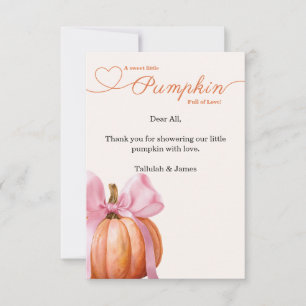 Remerciements Carte de remerciement bébé fille Pink Bow Pumpkin