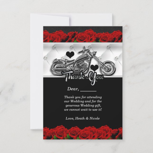 Remerciements Carte de remerciement Biker Moto & Roses Rouges (Devant)