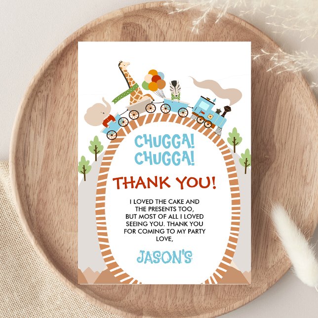 Remerciements Carte de remerciement d'anniversaire Chugga Chugga (Boys Train Birthday Thank You Card, Safari Animals Train Thank You card, Chugga Chugga Train Party)