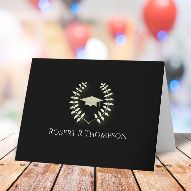 Remerciements Carte de remerciement de fin d'études classique no (Classic black and gold graduation thank you note card with elegant script typography.)