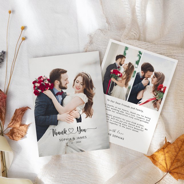 Remerciements Carte de remerciement de mariage à l'écriture simp (Minimalist Morden Script with Heart Wedding Photo Thank You Card)