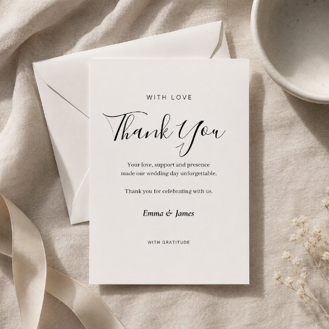 Remerciements Carte de remerciement de mariage élégante Script + (Elegant script typography with timeless luxury wedding style.)