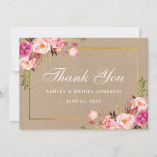 Remerciements Carte de remerciement de mariage Kraft Floral Pink
