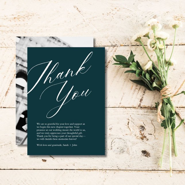 Remerciements Carte de remerciement de mariage photo avec texte  (Minimalist Script Photo Wedding Thank You Card)