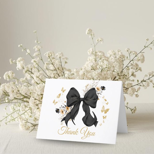 Remerciements Carte de remerciement élégante à nœud noir coquett (Elegant Black Bow Wildflower thank you card)