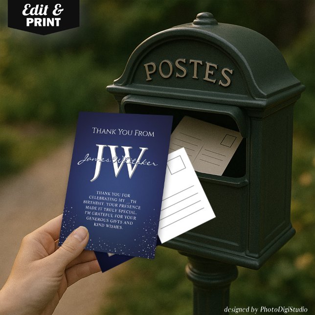 Remerciements Carte de remerciement élégante bleu argent avec in (Custom Initials Elegant Blue Silver Thank You Card)