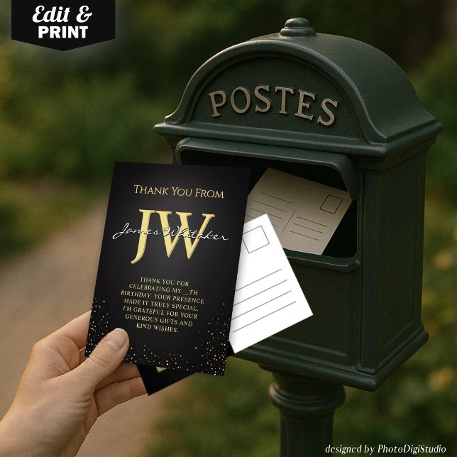 Remerciements Carte de remerciement élégante noir et or avec ini (Custom Initials Elegant Black Gold Thank You Card)