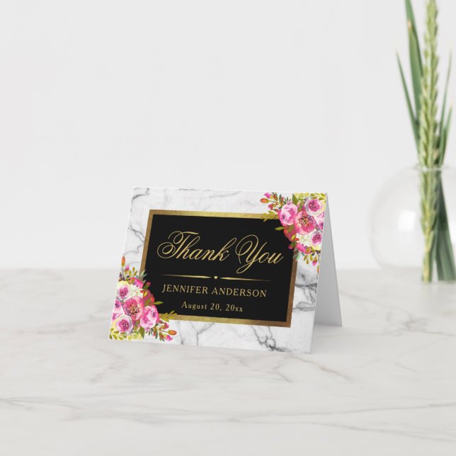 Remerciements Carte de remerciement en marbre à cadre doré flora (Devant)