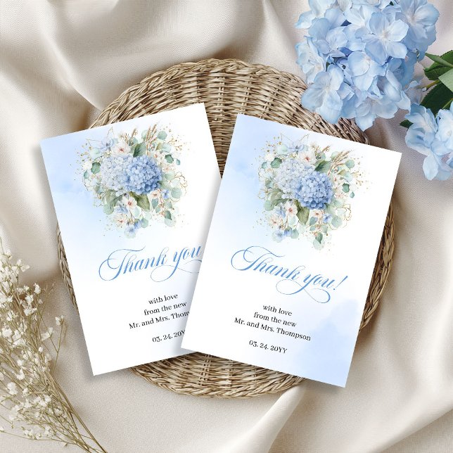 Remerciements Carte de remerciement Eucalyptus Hydrangea Bleu Ar (Blue hydrangea wedding thank you,
Watercolor Soft pastel blue floral, 
bohemian boho romantic light )