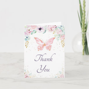 Remerciements Carte de remerciement fleurs et papillon aquarelle