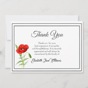 Remerciements Carte de remerciement funéraire Sympathy   Poppy