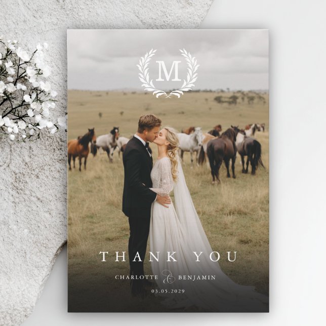 Remerciements Carte de remerciement photo à monogramme Crête élé (Elegant Crest Monogram 2 Photo Thank You Card)