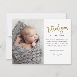 Remerciements Carte de remerciement photo bébé écriture dorée mo