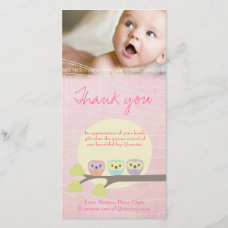Remerciements Carte de remerciement photo bébé rose Chouettes Mi